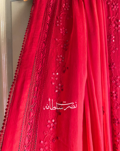 Classic Pure Chiffon Handcrafted Tarkashi Dupatta - Deep Red