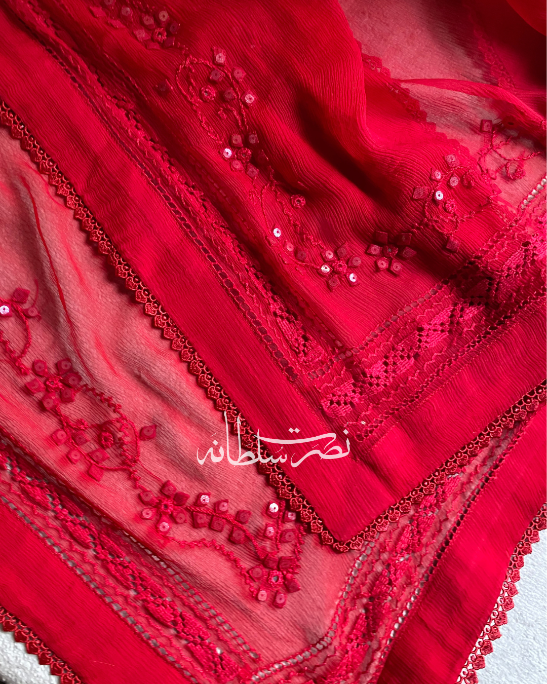 Classic Pure Chiffon Handcrafted Tarkashi Dupatta - Deep Red