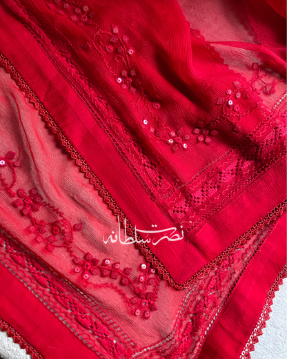 Classic Pure Chiffon Handcrafted Tarkashi Dupatta - Deep Red