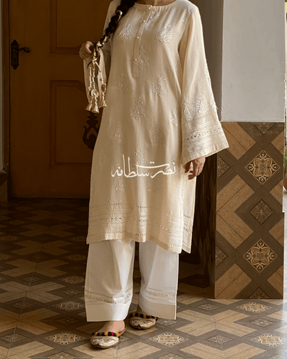 Handmade Soft Cream Irish Lawn Tarkashi Work Kurta - Premium Summer Lawn
