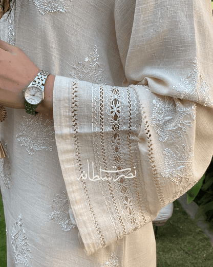 Handmade Soft Cream Irish Lawn Tarkashi Work Kurta - Premium Summer Lawn