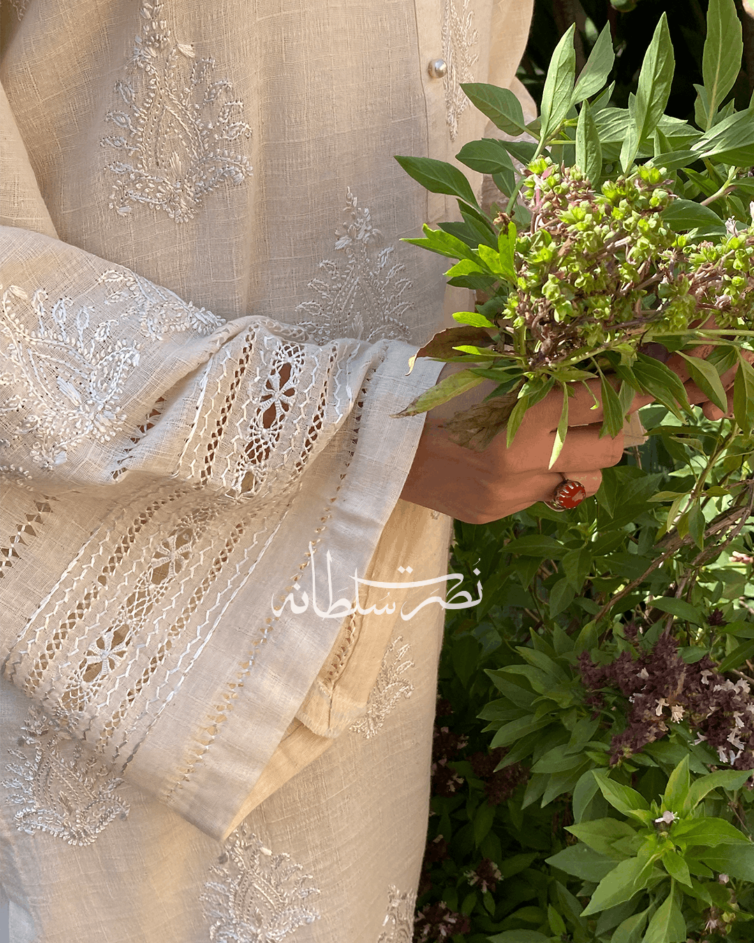 Handmade Soft Cream Irish Lawn Tarkashi Work Kurta - Premium Summer Lawn
