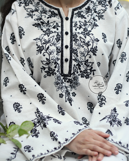 Classic White & Black - Hand Embroidered Winter Soft Khaddar Kurta – Pret