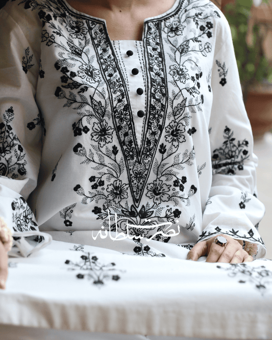 Classic White & Black Hand Embroidered Shirt - Pret