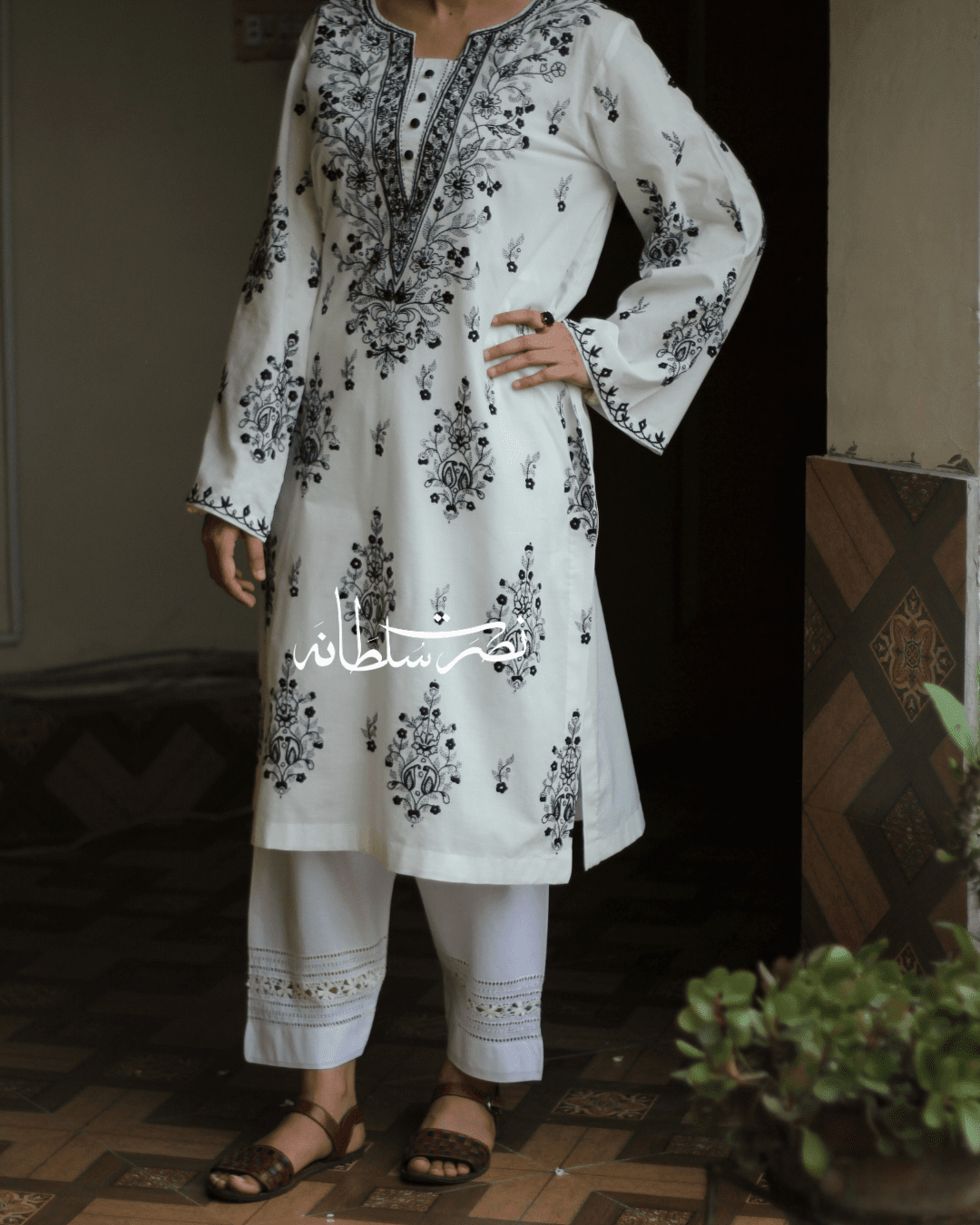 Classic White & Black Hand Embroidered Shirt - Pret