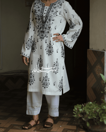 Classic White & Black Hand Embroidered Shirt - Pret