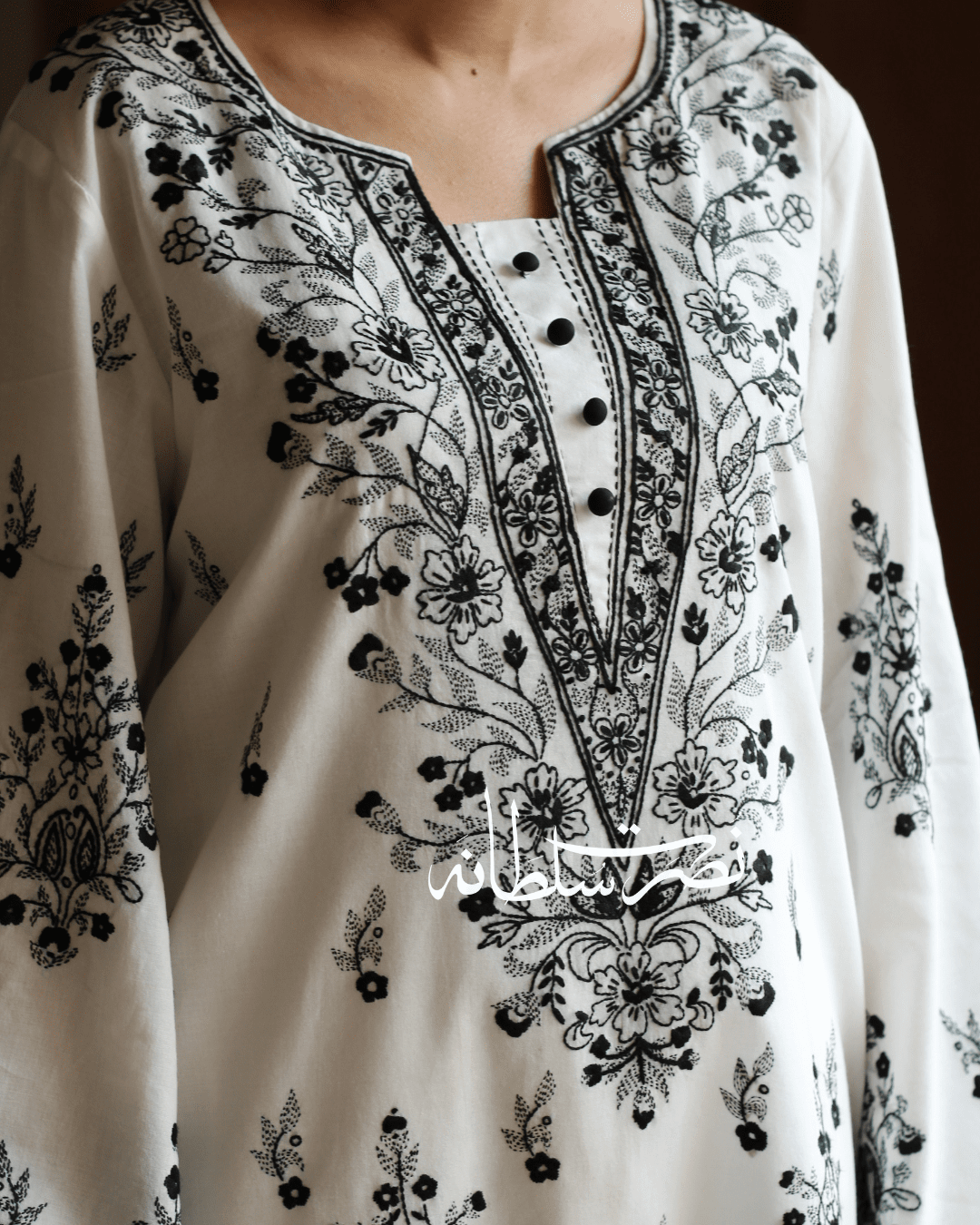 Classic White & Black Hand Embroidered Shirt - Pret