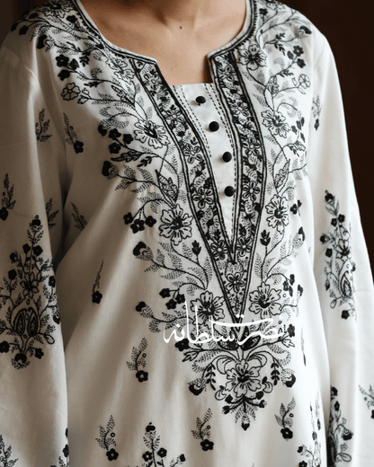 Classic White & Black Hand Embroidered Shirt - Pret