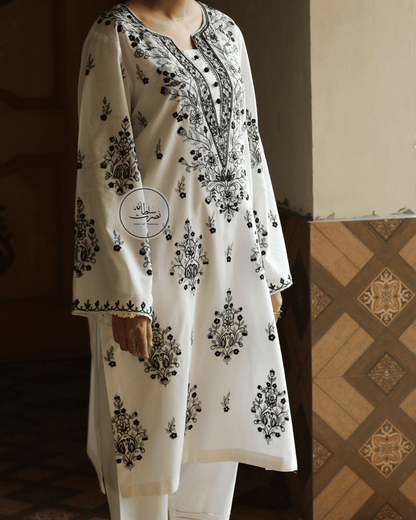 Classic White & Black Hand Embroidered Shirt - Pret