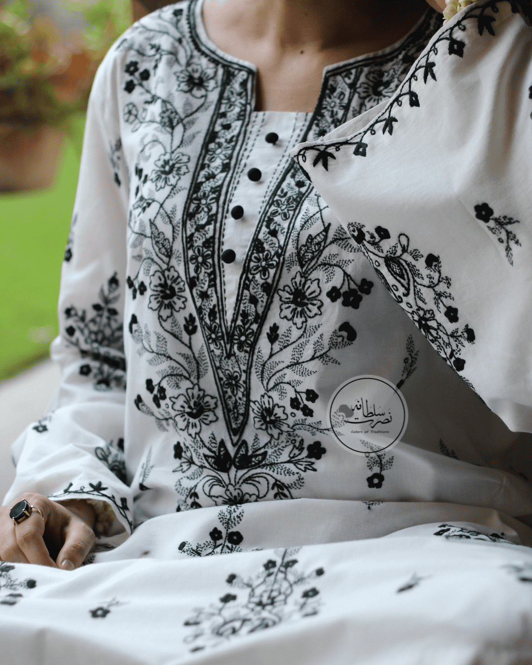 Classic White & Black Hand Embroidered Shirt - Pret