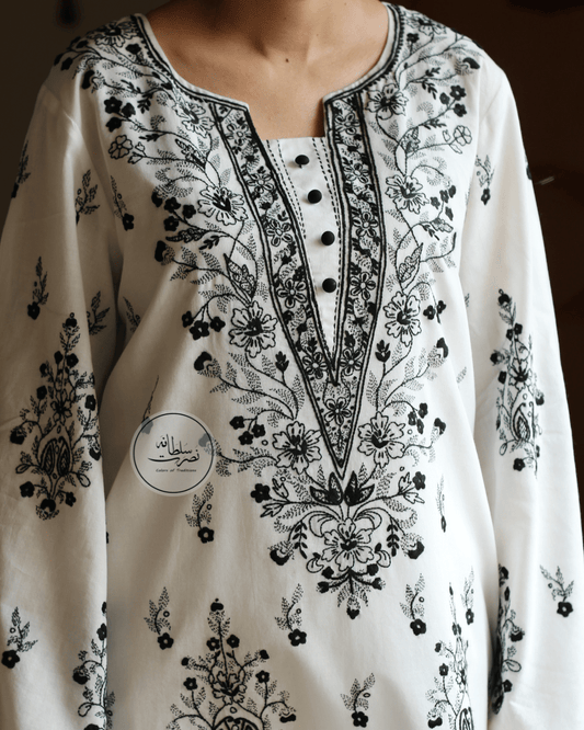 Classic White & Black Hand Embroidered Shirt - Pret