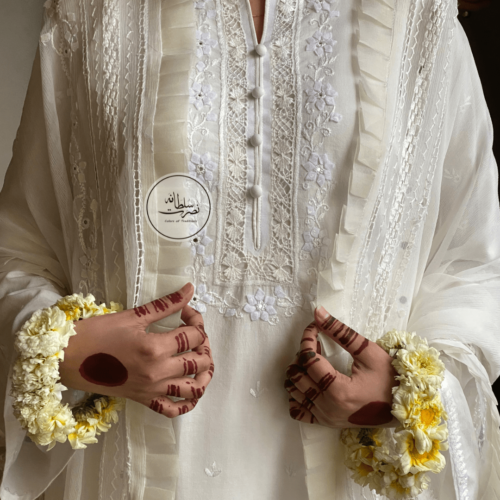 handcrafted white tarkashi shirt with mirror and tukri work. 7